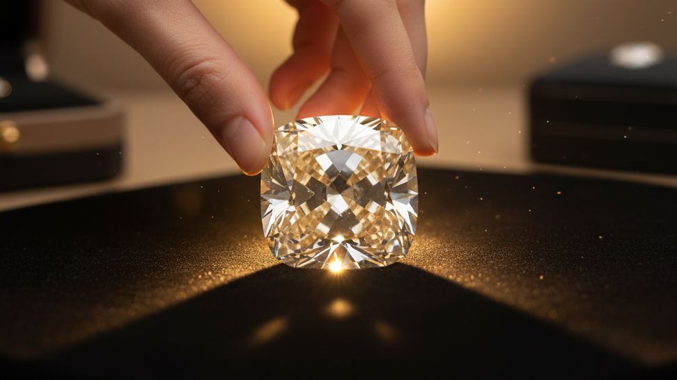 A delicate hand carefully sets a brilliant-cut diamond on black velvet, golden reflection glowing softly around it, shallow depth of field, elegant studio lighting, premium jewelry atmosphere.