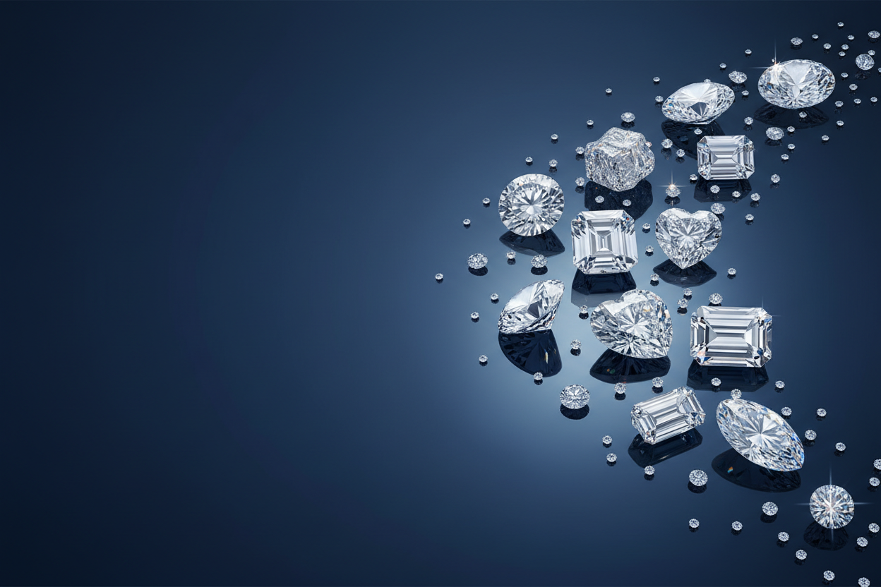 please generate background image for 
Made-to-Order Diamonds, Polished to Your Exact Standard
From specification to final polish, every stone is crafted exclusively for your requirement. section
use Melee, Loose, Round, Princess, Oval, Heart, Emerald, Cushion, Radiant, Marquise shapes in right half. leep left half blank, no text